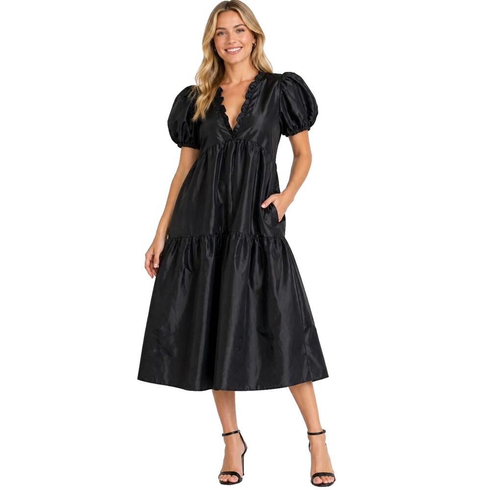 Kika Vargas x Target Midi Dress Size M Black Tiered Ruffled Puff Sleeve Pockets